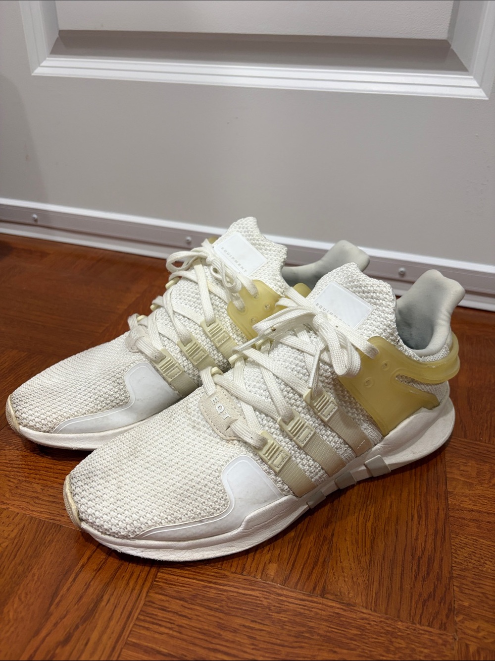 adidas White Knit ADV Running Sneakers with Pale Yellow Cage